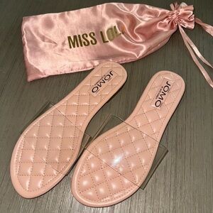 Miss Lola Quilted Blush Pink Slide Sandals with Clear Strap